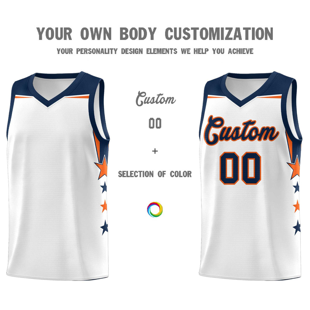 Custom Youth Basketball Uniform White Navy Two Tone Side Star Color Block Team Jersey