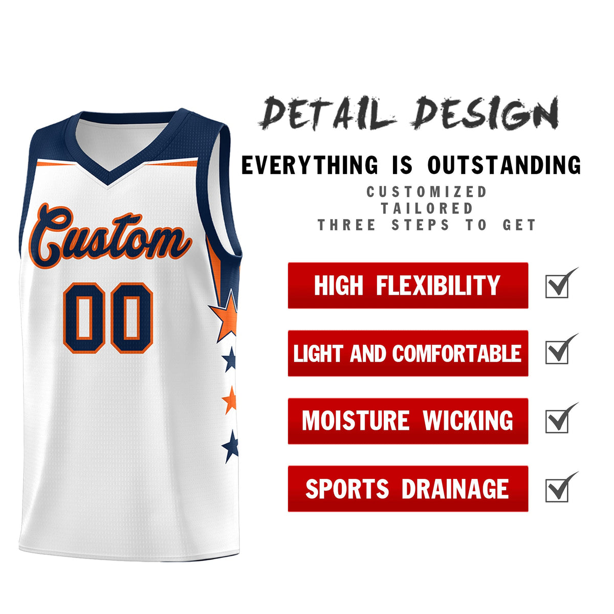 Custom Youth Basketball Uniform White Navy Two Tone Side Star Color Block Team Jersey