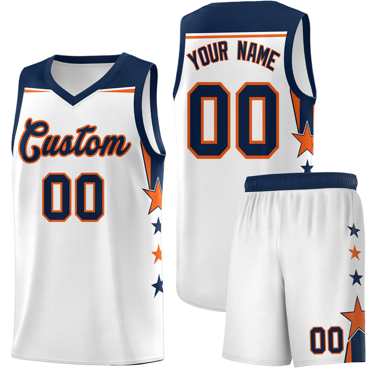 Custom Youth Basketball Uniform White Navy Two Tone Side Star Color Block Team Jersey