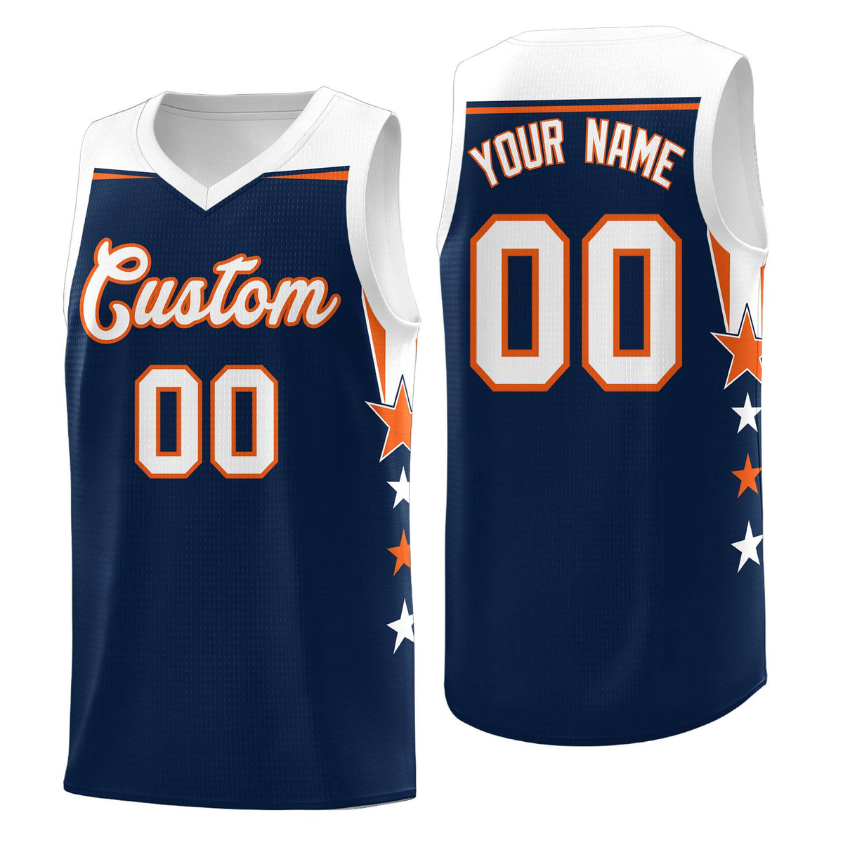 Custom Youth Basketball Uniform Navy White Two Tone Side Star Add Name Number &amp; Logo