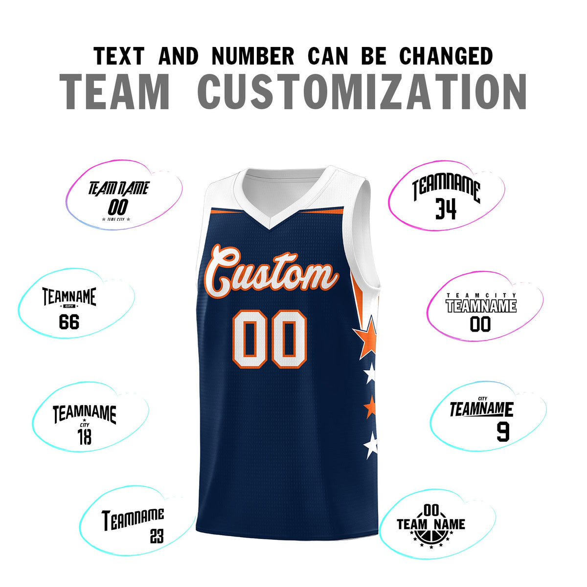 Custom Youth Basketball Uniform Navy White Two Tone Side Star Add Name Number &amp; Logo