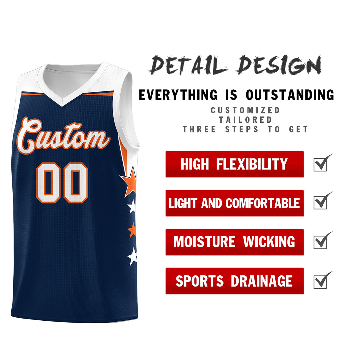 Custom Youth Basketball Uniform Navy White Two Tone Side Star Add Name Number &amp; Logo