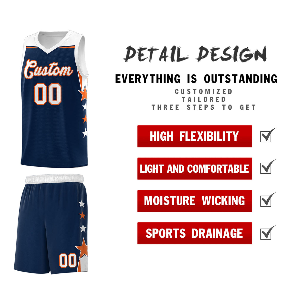 Custom Youth Basketball Uniform Navy White Two Tone Side Star Add Name Number &amp; Logo