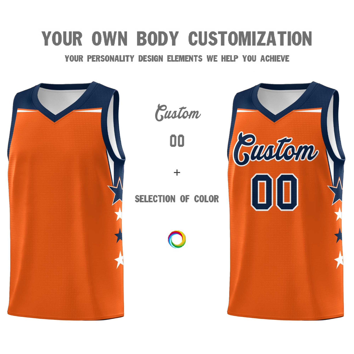 Custom Youth Basketball Uniform Orange Navy Two Tone Side Star Personalized Team Jersey