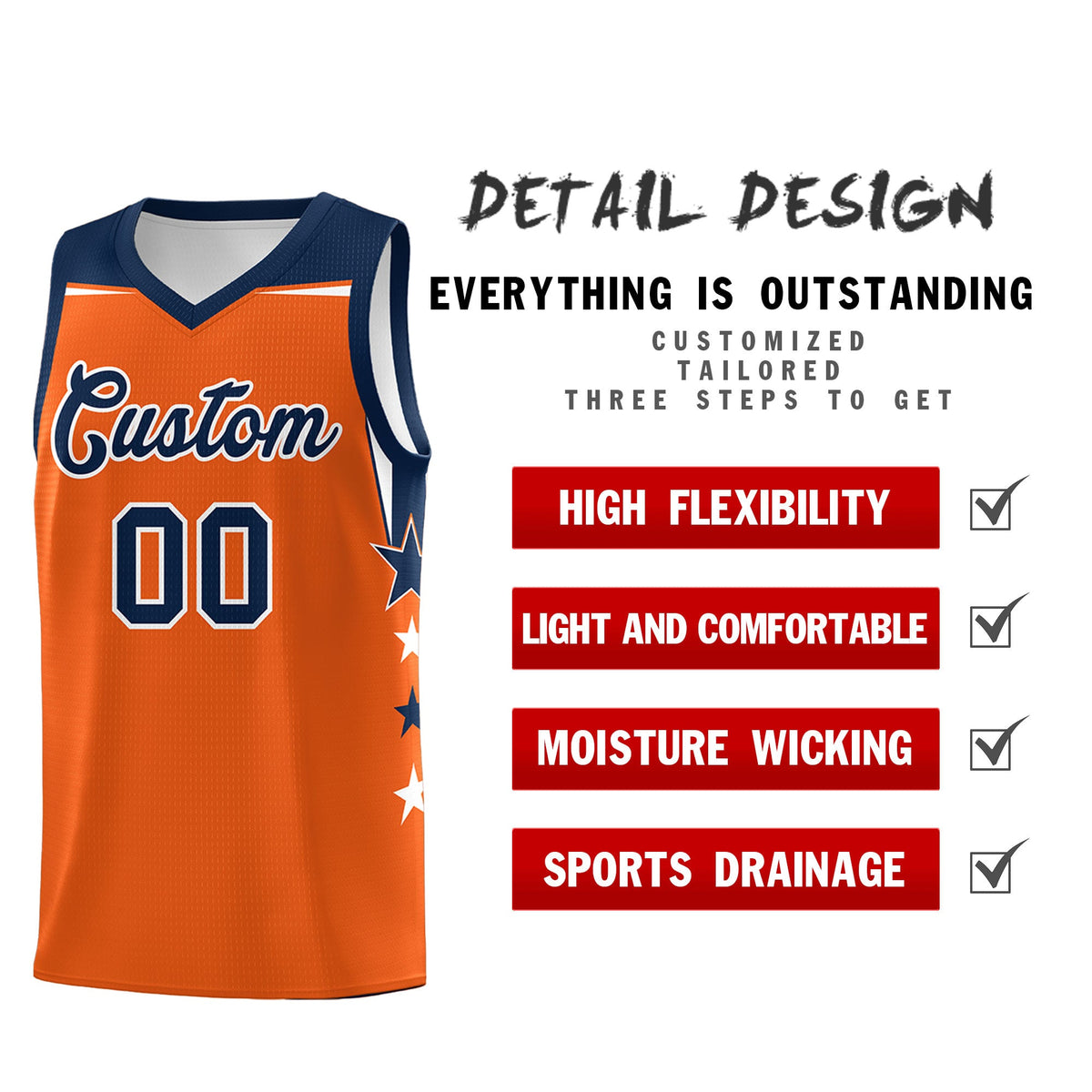 Custom Youth Basketball Uniform Orange Navy Two Tone Side Star Personalized Team Jersey