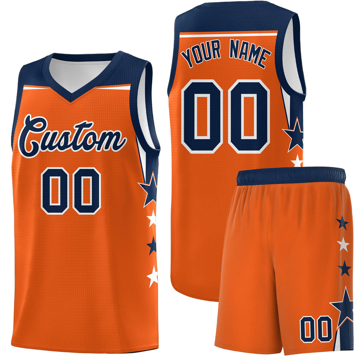Custom Youth Basketball Uniform Orange Navy Two Tone Side Star Personalized Team Jersey