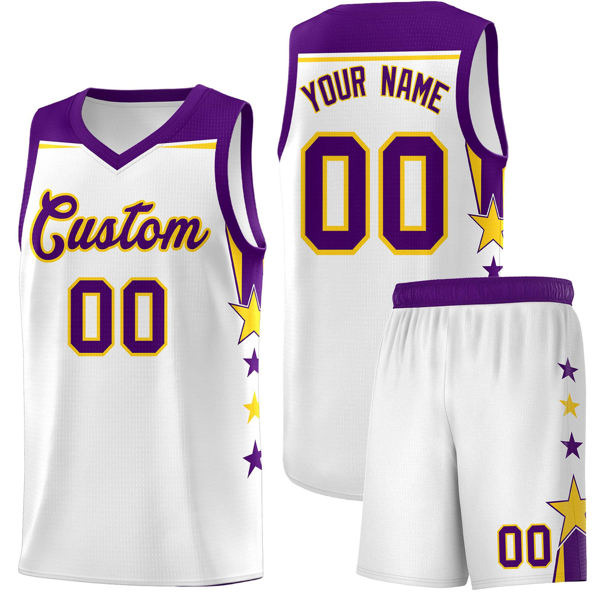 Custom Youth Basketball Uniform White Purple Two Tone Side Star Color Block Team Jersey