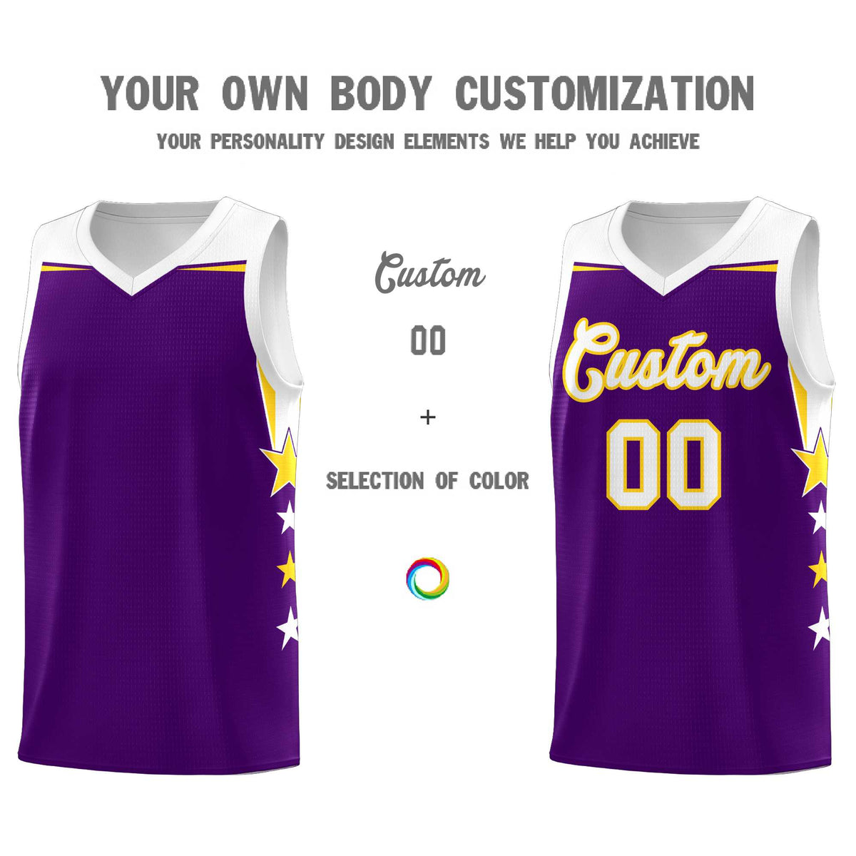 Custom Youth Basketball Uniform Purple White Two Tone Side Star Add Name Number &amp; Logo
