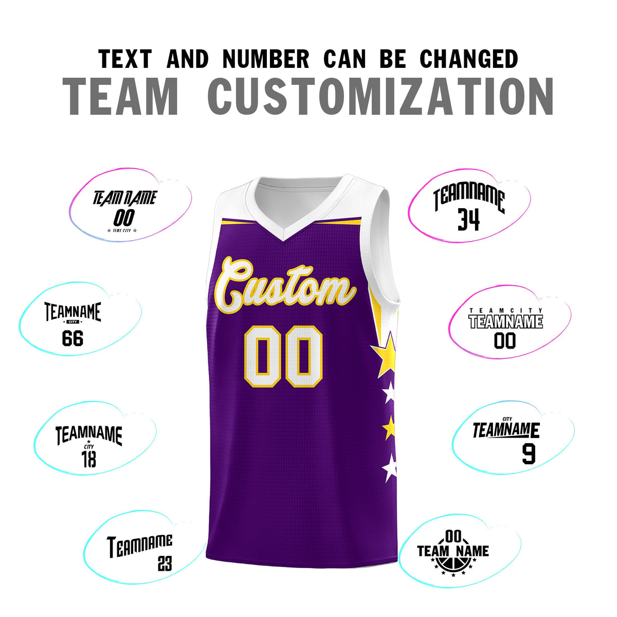 Custom Youth Basketball Uniform Purple White Two Tone Side Star Add Name Number &amp; Logo
