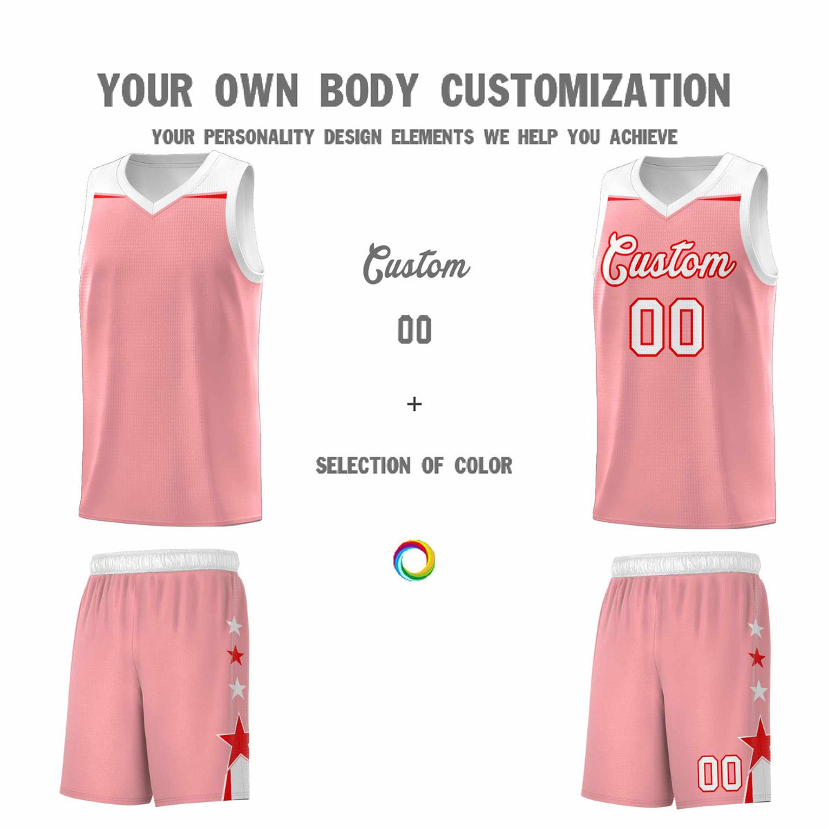 Custom Youth Basketball Uniform Light Pink White Two Tone Side Star Add Name Number & Logo