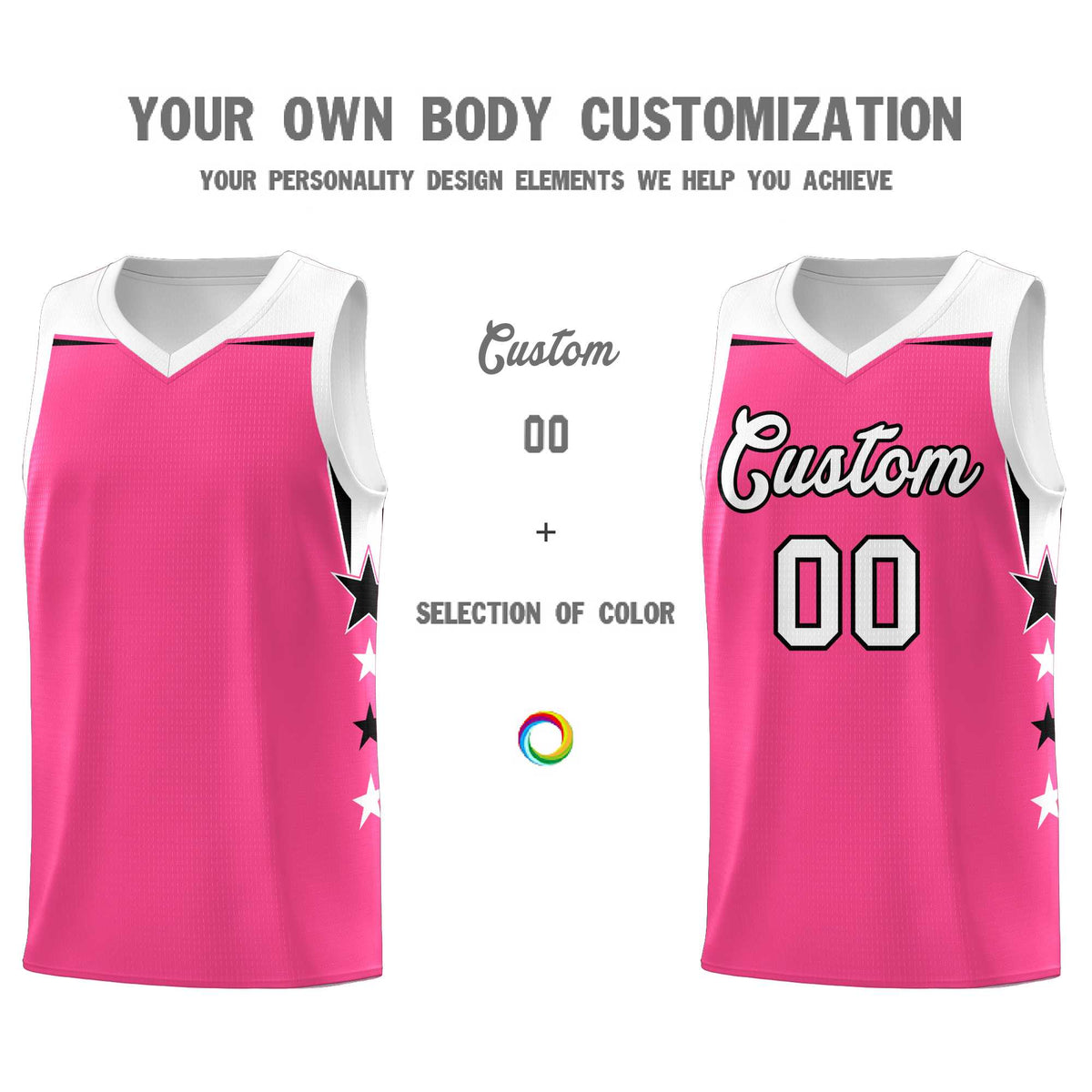 Custom Youth Basketball Uniform Pink White Two Tone Side Star Add Name Number &amp; Logo