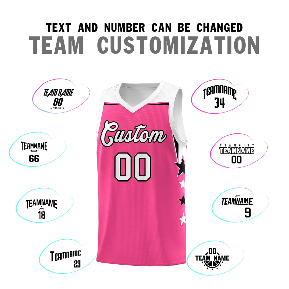 Custom Youth Basketball Uniform Pink White Two Tone Side Star Add Name Number &amp; Logo