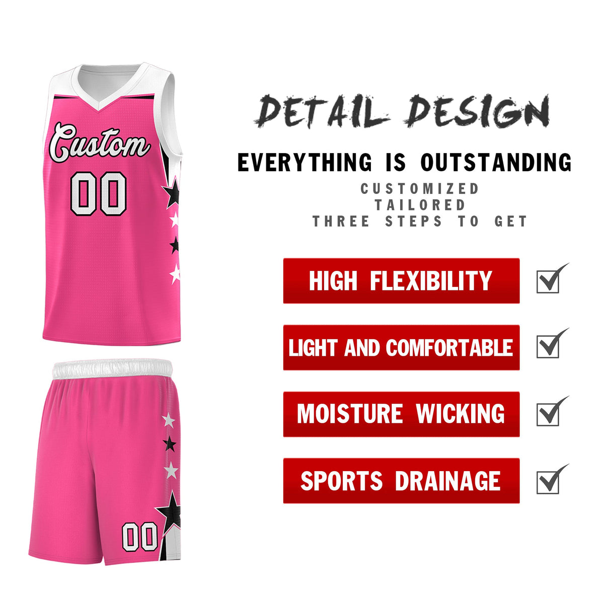 Custom Youth Basketball Uniform Pink White Two Tone Side Star Add Name Number &amp; Logo