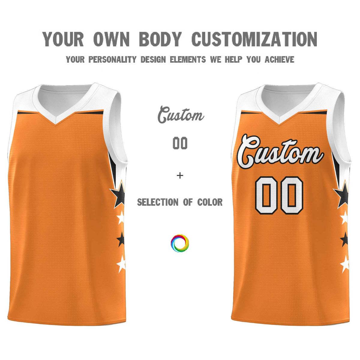 Custom Youth Basketball Uniform Gold Orange White Two Tone Side Star Add Name Number &amp; Logo