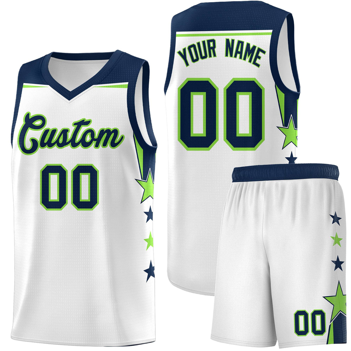Custom Youth Basketball Uniform White Navy Two Tone Side Star Color Block Team Jersey