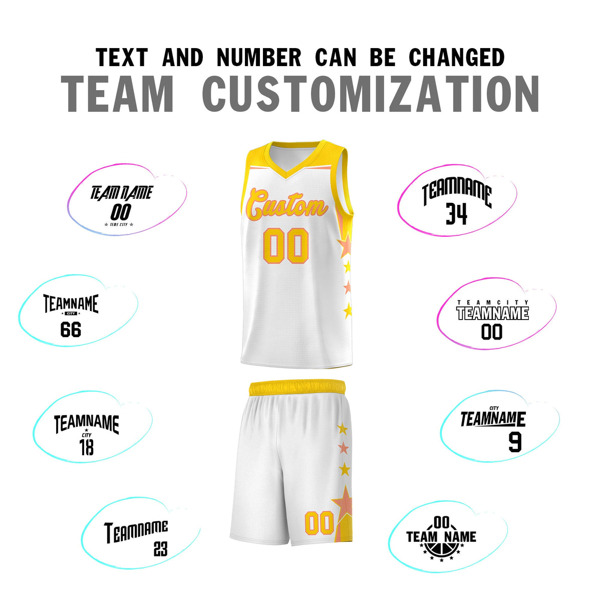 Custom Youth Basketball Uniform White Gold Two Tone Side Star Add Name Number &amp; Logo