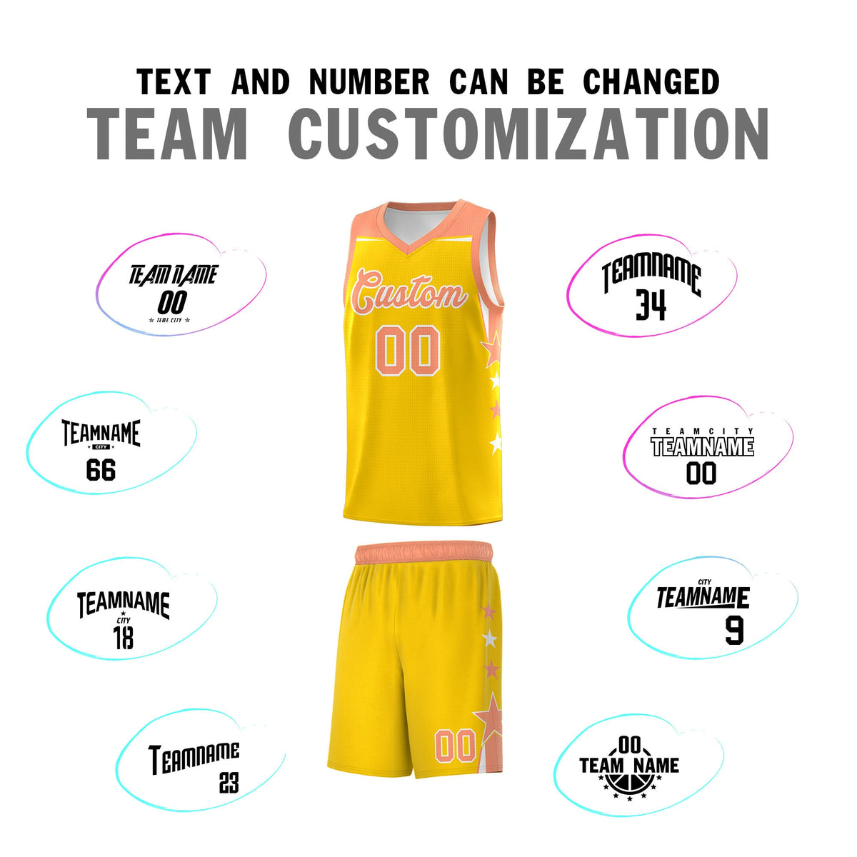 Custom Youth Basketball Uniform Gold Light Orange Two Tone Side Star Color Block Team Jersey