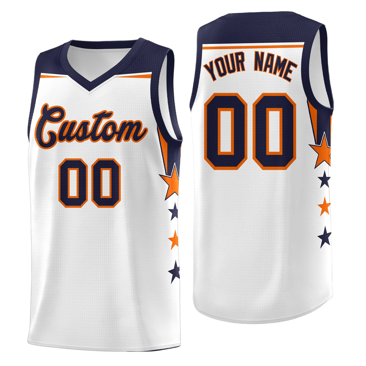 Custom Youth Basketball Uniform White Navy Two Tone Side Star Add Name Number &amp; Logo