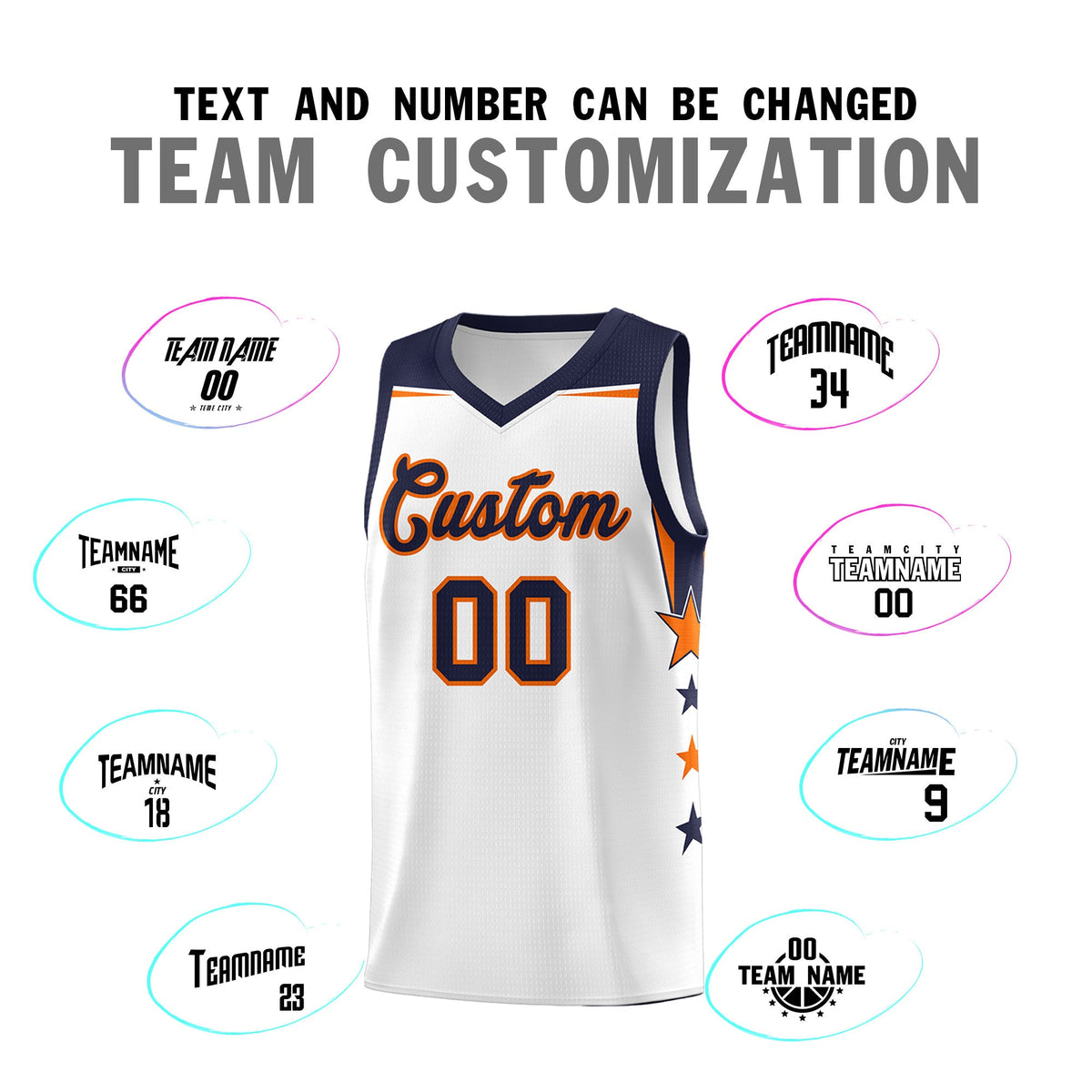 Custom Youth Basketball Uniform White Navy Two Tone Side Star Add Name Number &amp; Logo