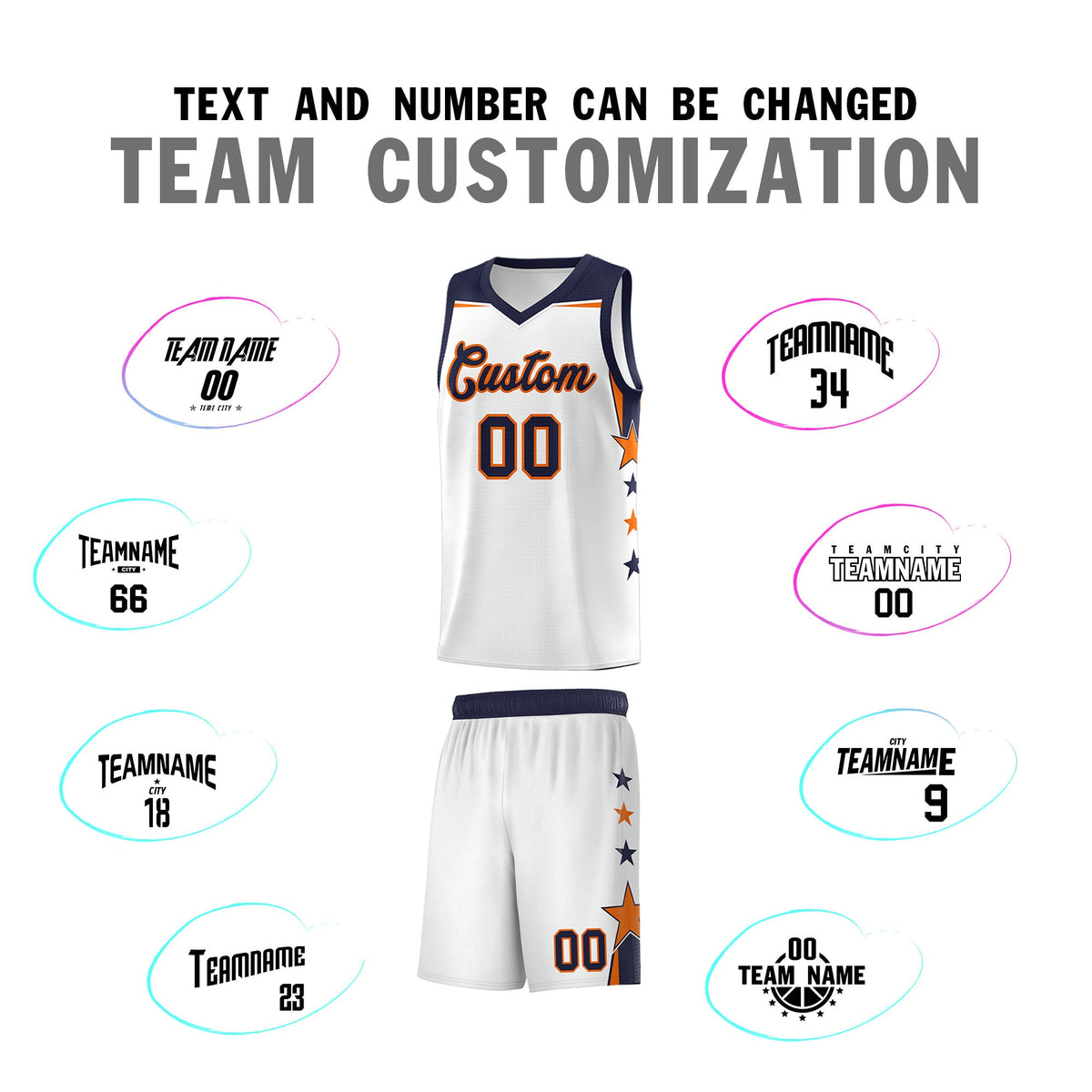 Custom Youth Basketball Uniform White Navy Two Tone Side Star Add Name Number &amp; Logo