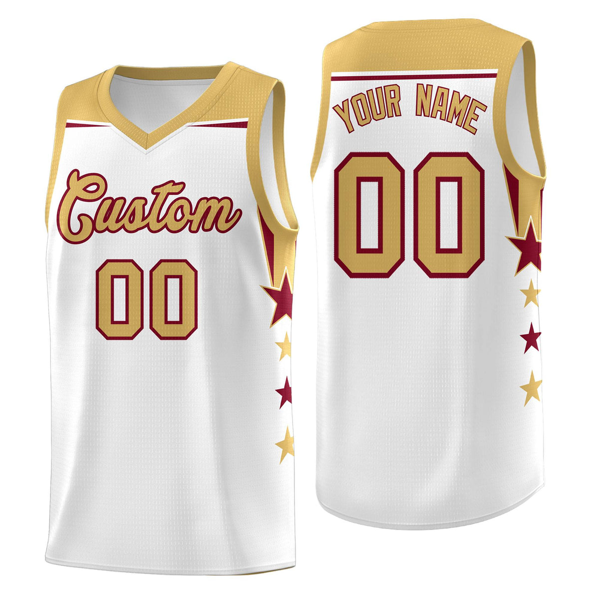 Custom Youth Basketball Uniform White Old Gold Two Tone Side Star Add Name Number &amp; Logo