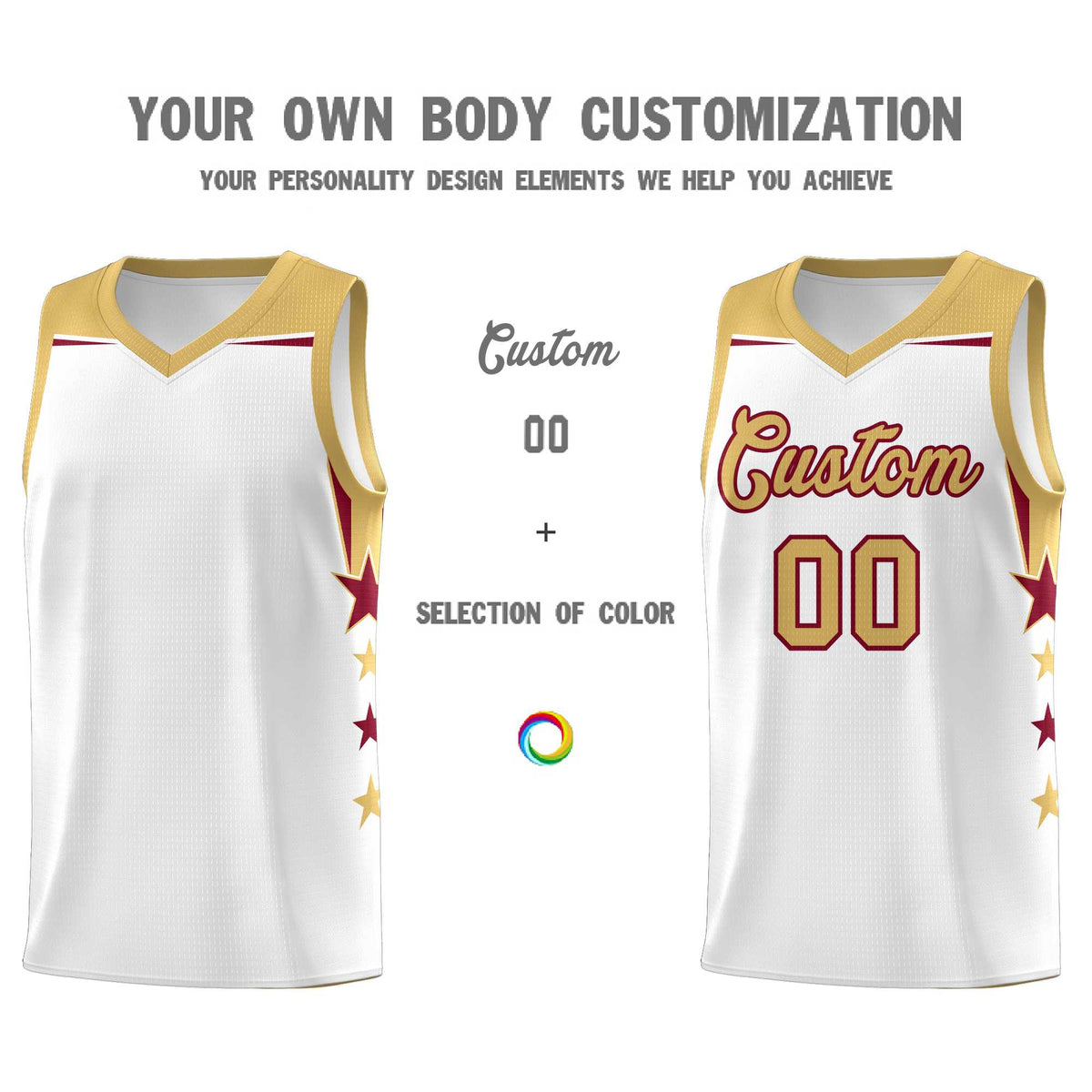 Custom Youth Basketball Uniform White Old Gold Two Tone Side Star Add Name Number &amp; Logo