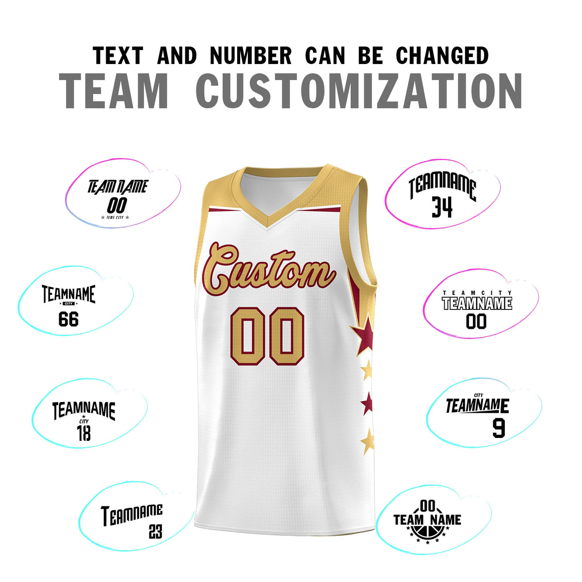 Custom Youth Basketball Uniform White Old Gold Two Tone Side Star Add Name Number &amp; Logo