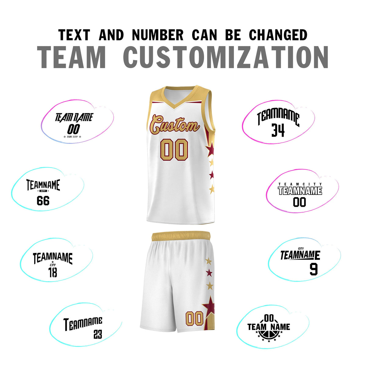 Custom Youth Basketball Uniform White Old Gold Two Tone Side Star Add Name Number &amp; Logo
