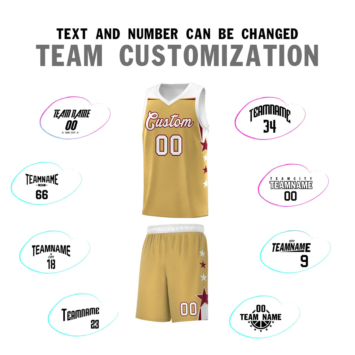 Custom Youth Basketball Uniform Old Gold White Two Tone Side Star Personalized Team Jersey