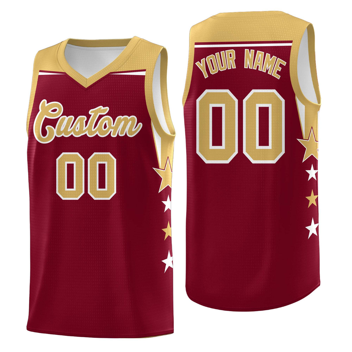 Custom Youth Basketball Uniform Crimson Old Gold Two Tone Side Star Color Block Team Jersey