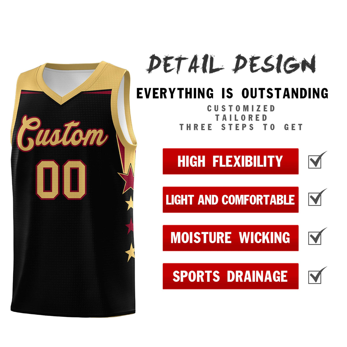 Custom Youth Basketball Uniform Black Old Gold Two Tone Side Star Add Name Number &amp; Logo