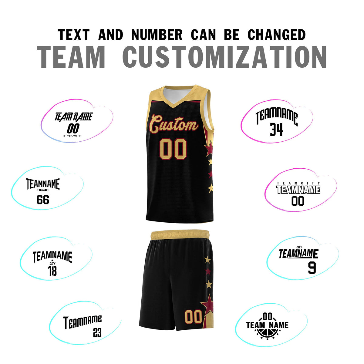 Custom Youth Basketball Uniform Black Old Gold Two Tone Side Star Add Name Number &amp; Logo