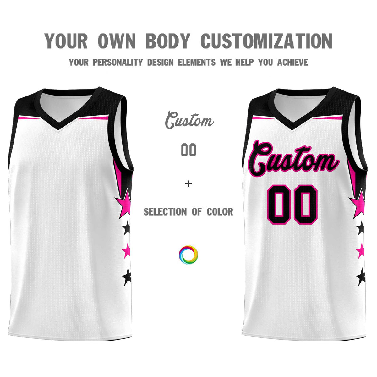 Custom Youth Basketball Uniform White Black Two Tone Side Star Add Name Number &amp; Logo