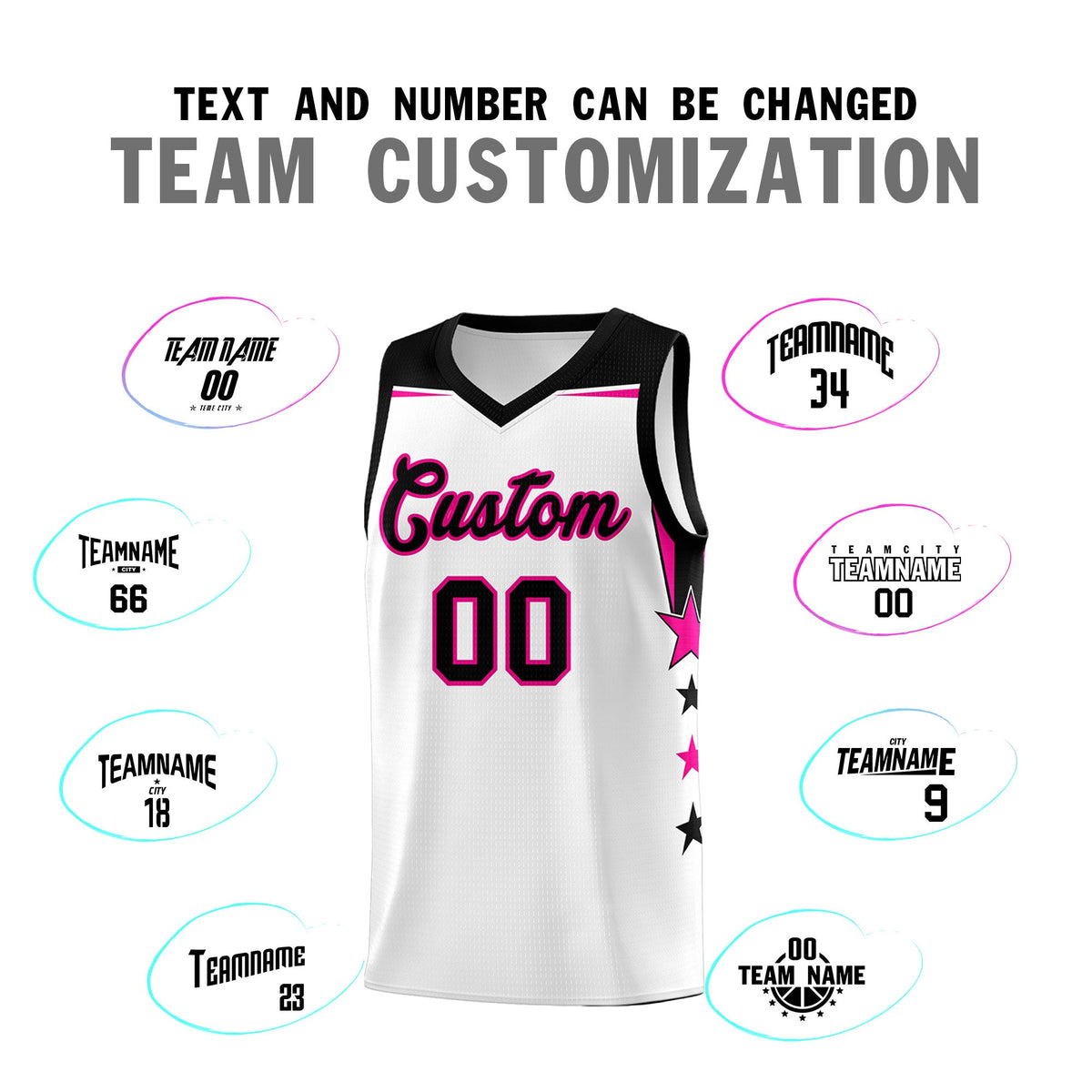 Custom Youth Basketball Uniform White Black Two Tone Side Star Add Name Number &amp; Logo