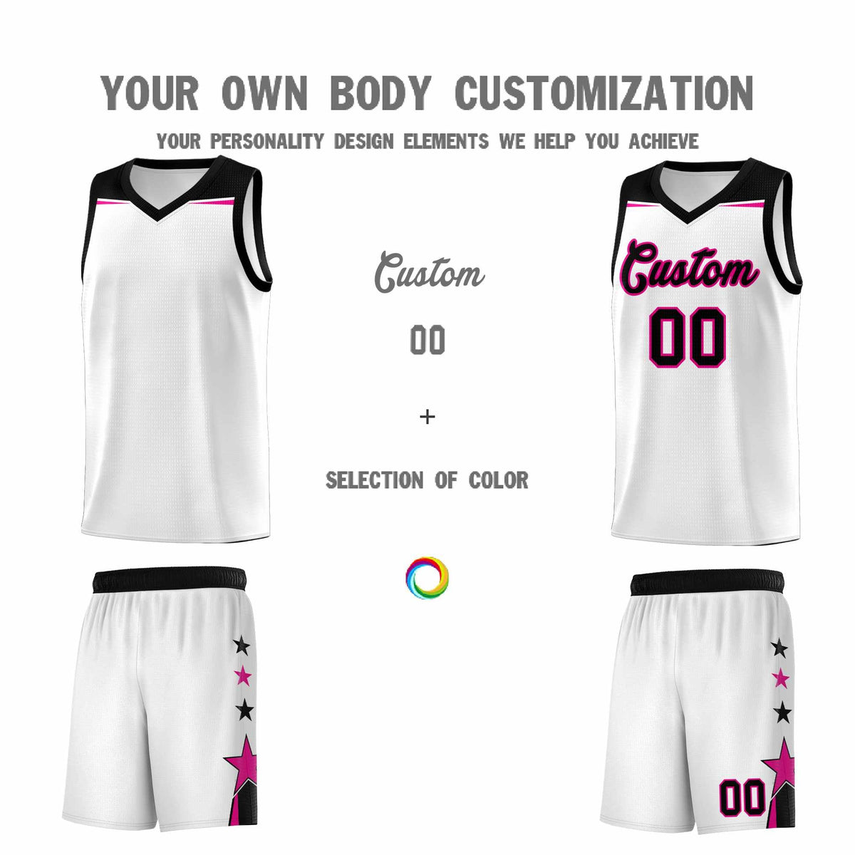 Custom Youth Basketball Uniform White Black Two Tone Side Star Add Name Number &amp; Logo