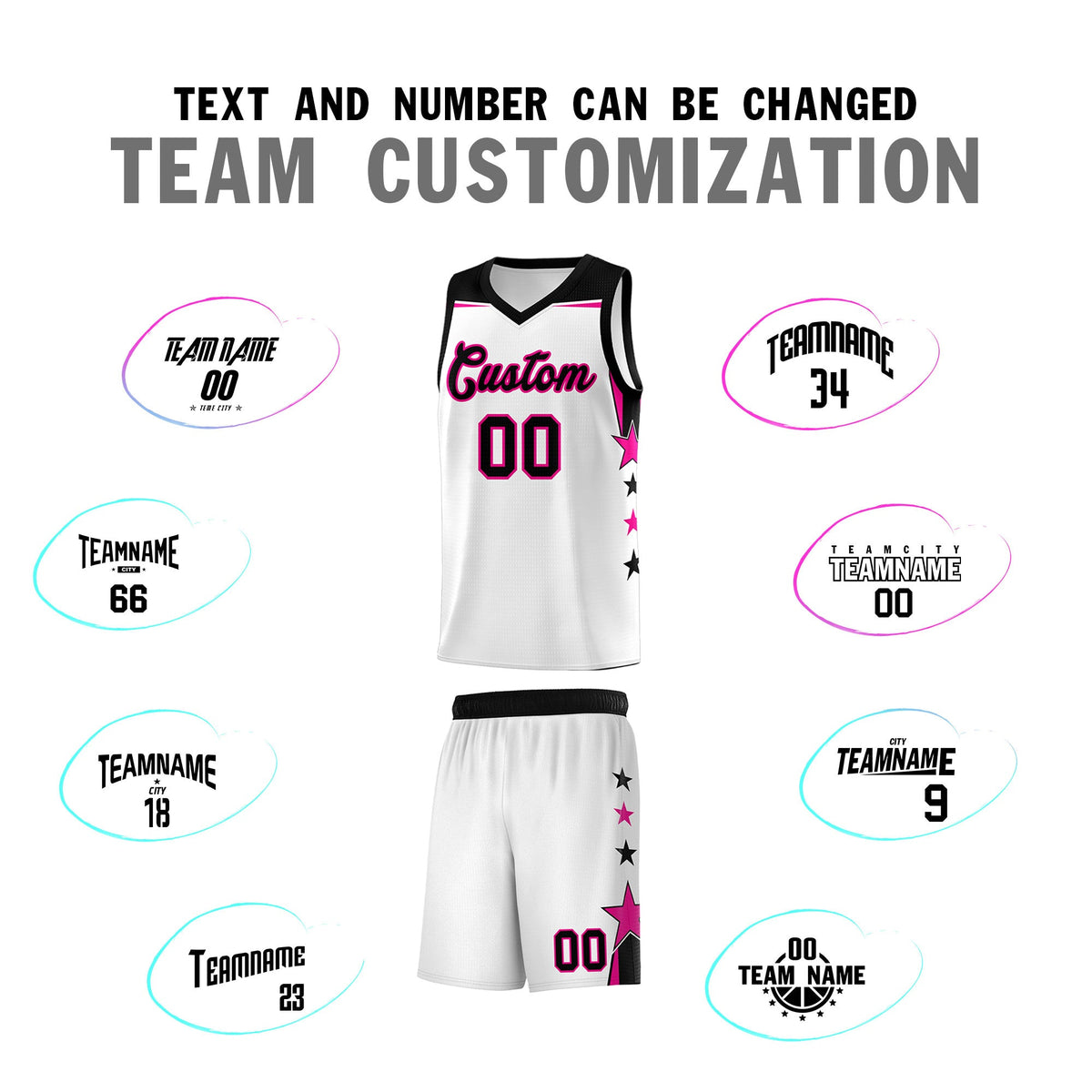 Custom Youth Basketball Uniform White Black Two Tone Side Star Add Name Number &amp; Logo