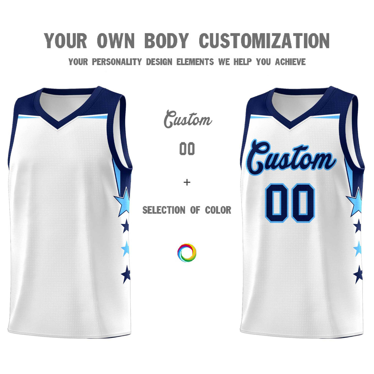 Custom Youth Basketball Uniform White Navy Two Tone Side Star Add Name Number &amp; Logo