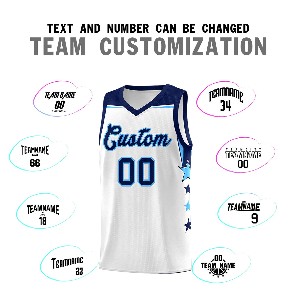 Custom Youth Basketball Uniform White Navy Two Tone Side Star Add Name Number &amp; Logo