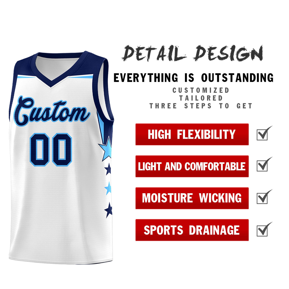 Custom Youth Basketball Uniform White Navy Two Tone Side Star Add Name Number &amp; Logo