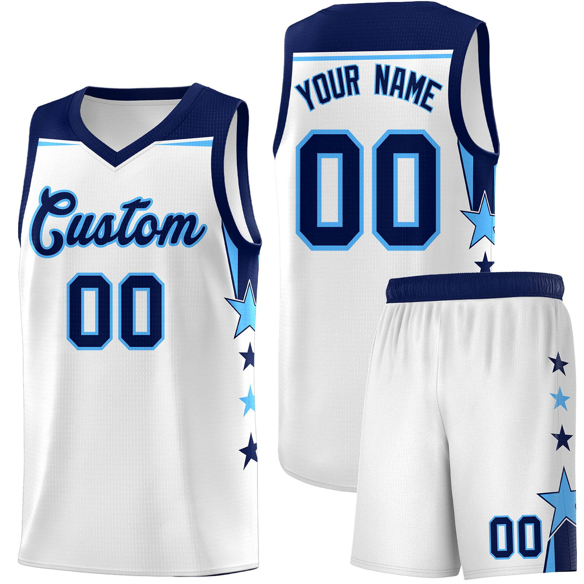 Custom Youth Basketball Uniform White Navy Two Tone Side Star Add Name Number &amp; Logo