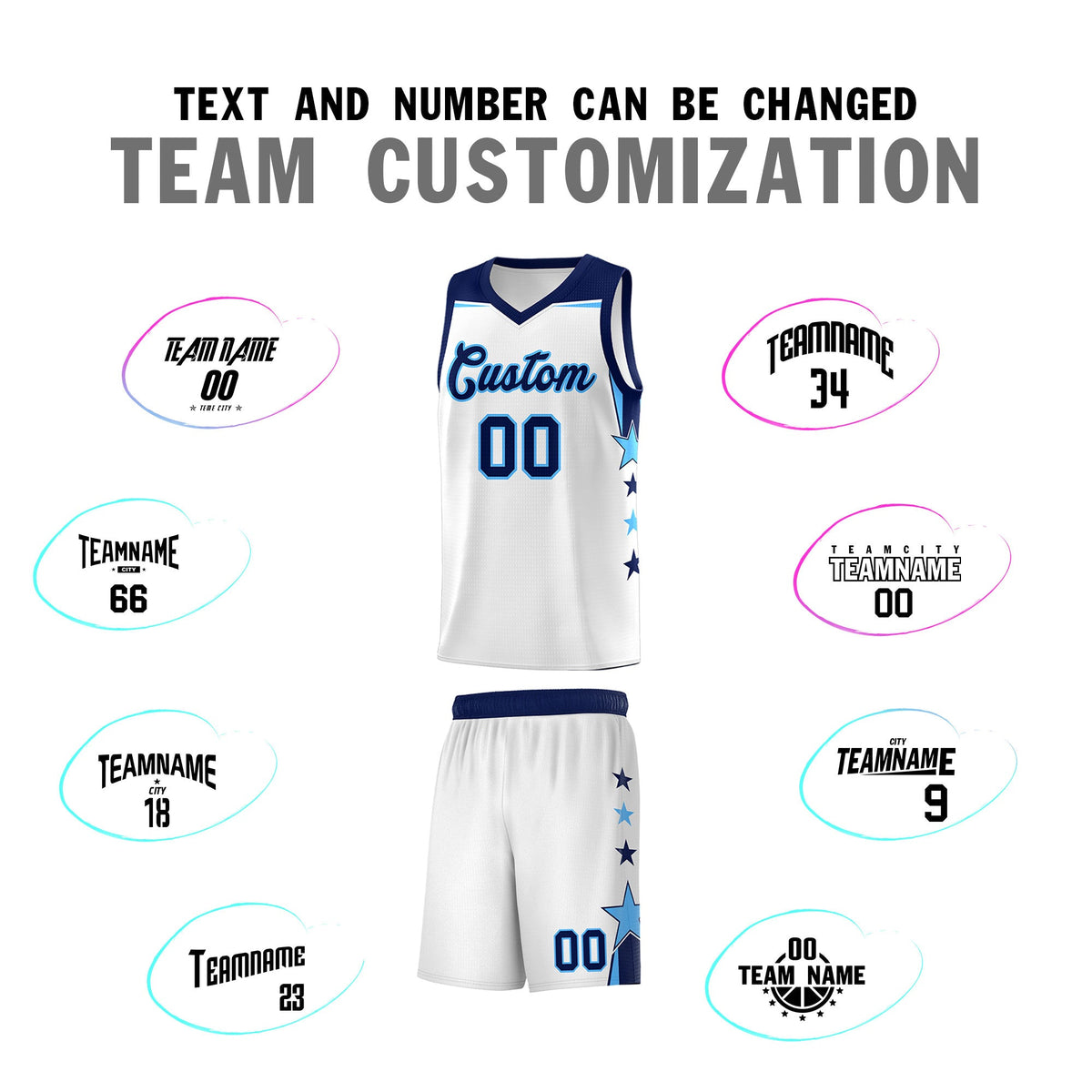 Custom Youth Basketball Uniform White Navy Two Tone Side Star Add Name Number &amp; Logo