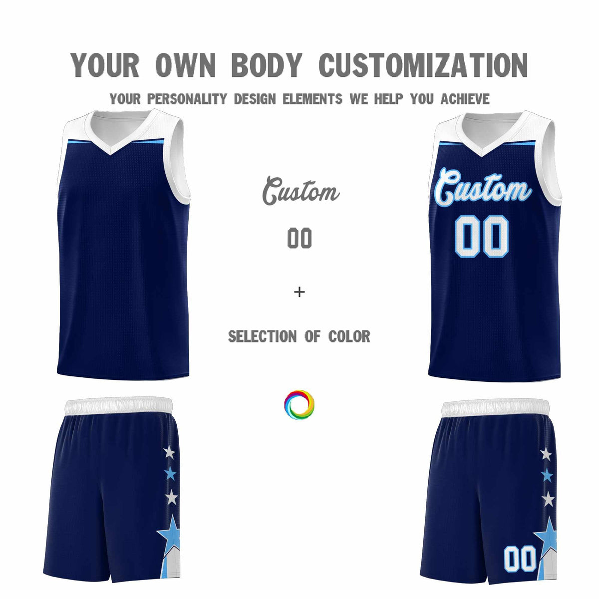 Custom Youth Basketball Uniform Navy White Two Tone Side Star Personalized Team Jersey