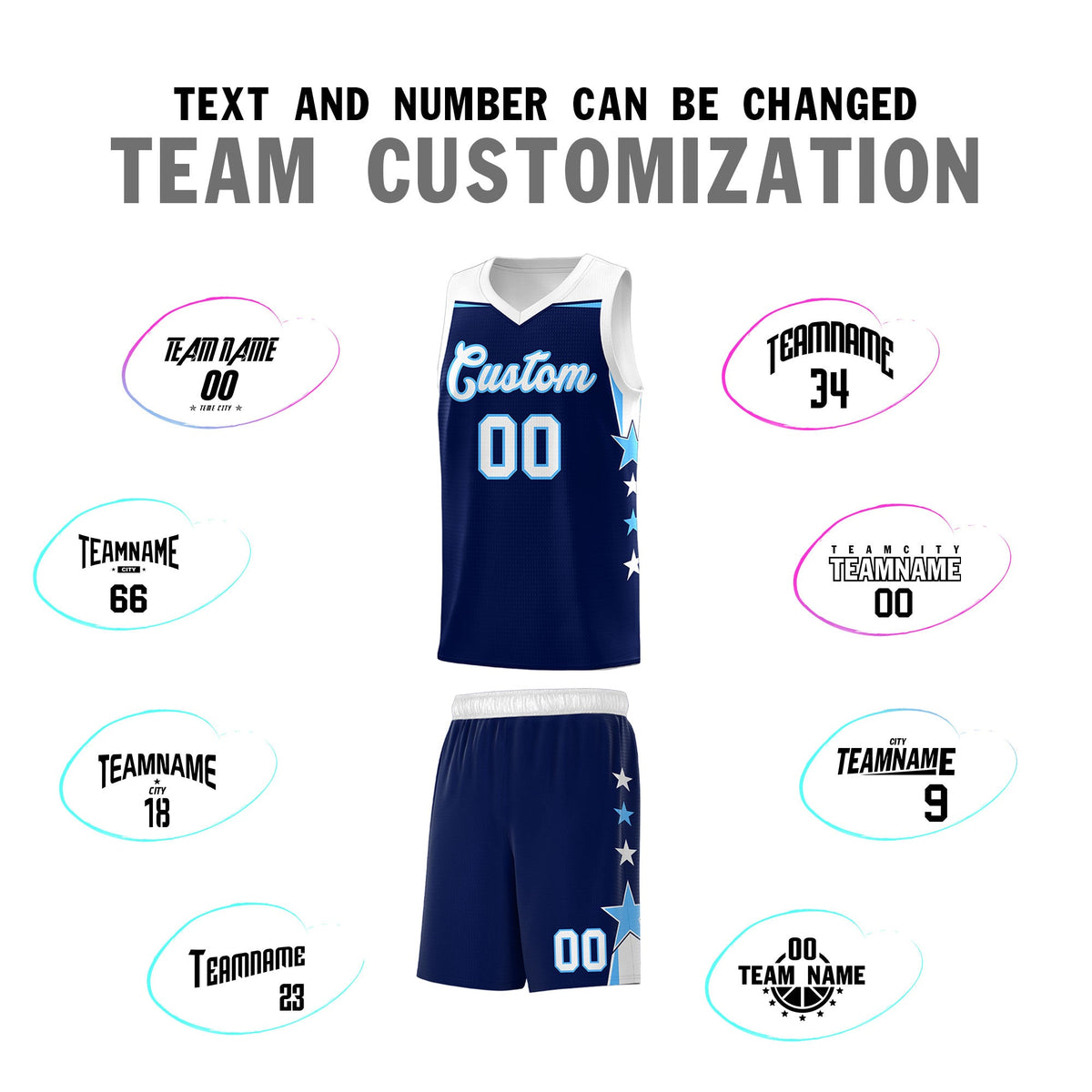 Custom Youth Basketball Uniform Navy White Two Tone Side Star Personalized Team Jersey