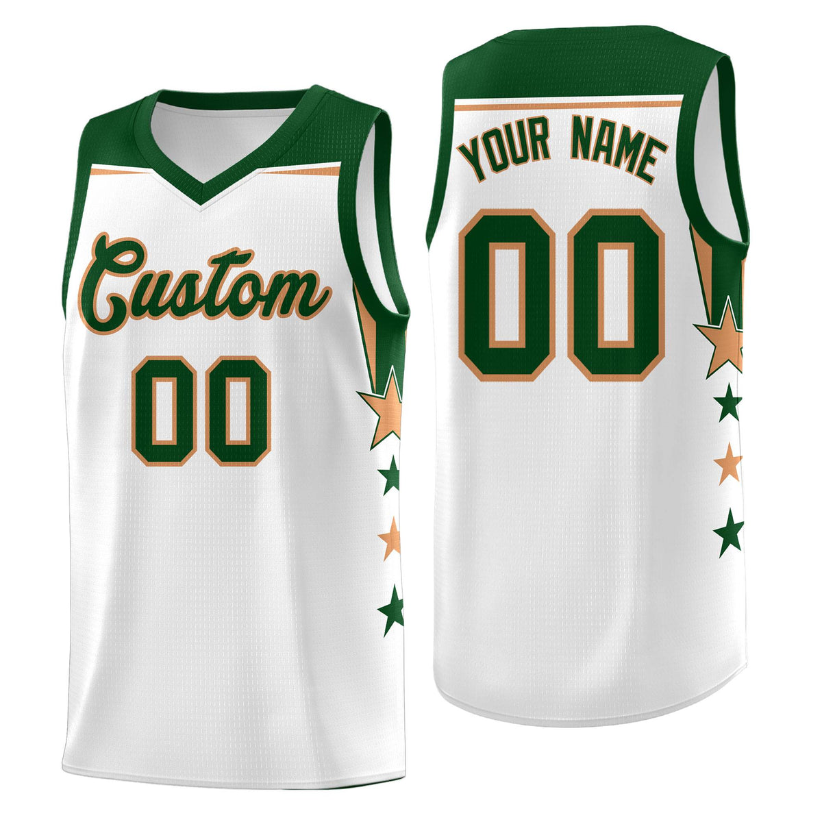 Custom Youth Basketball Uniform White Green Two Tone Side Star Add Name Number &amp; Logo