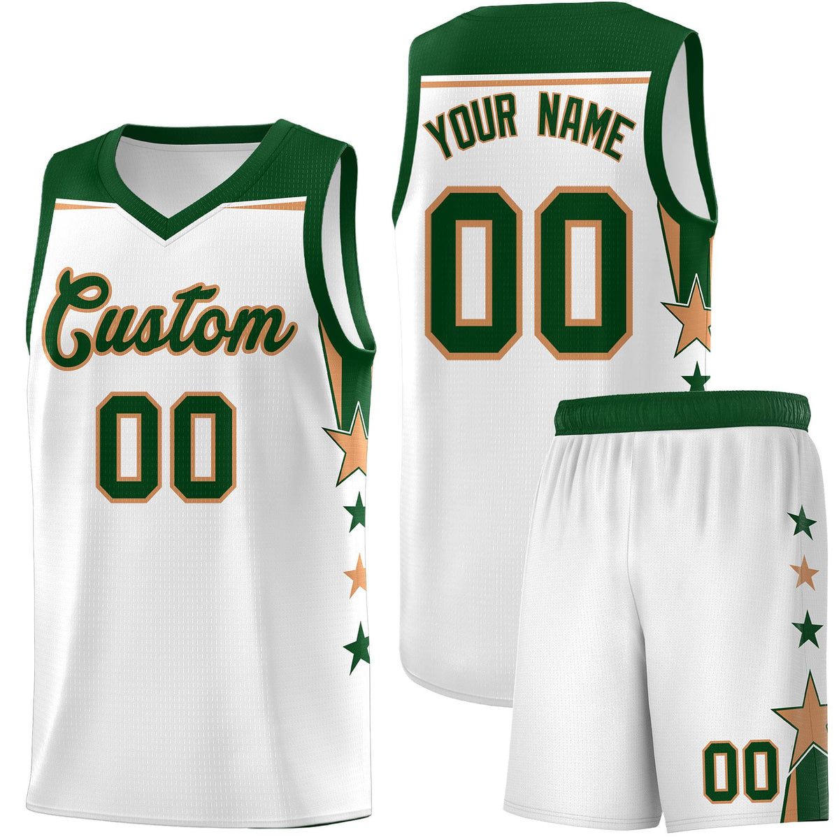 Custom Youth Basketball Uniform White Green Two Tone Side Star Add Name Number &amp; Logo