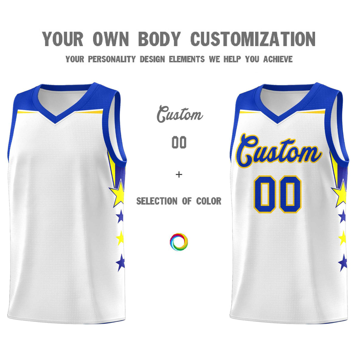 Custom Youth Basketball Uniform White Royal Two Tone Side Star Add Name Number &amp; Logo