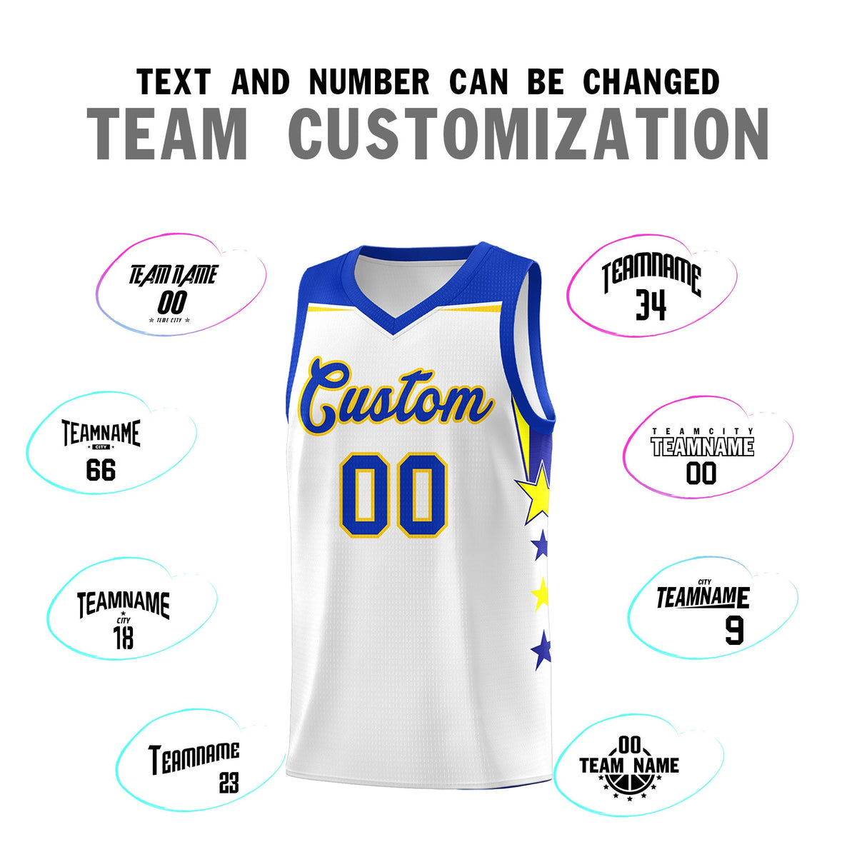 Custom Youth Basketball Uniform White Royal Two Tone Side Star Add Name Number &amp; Logo