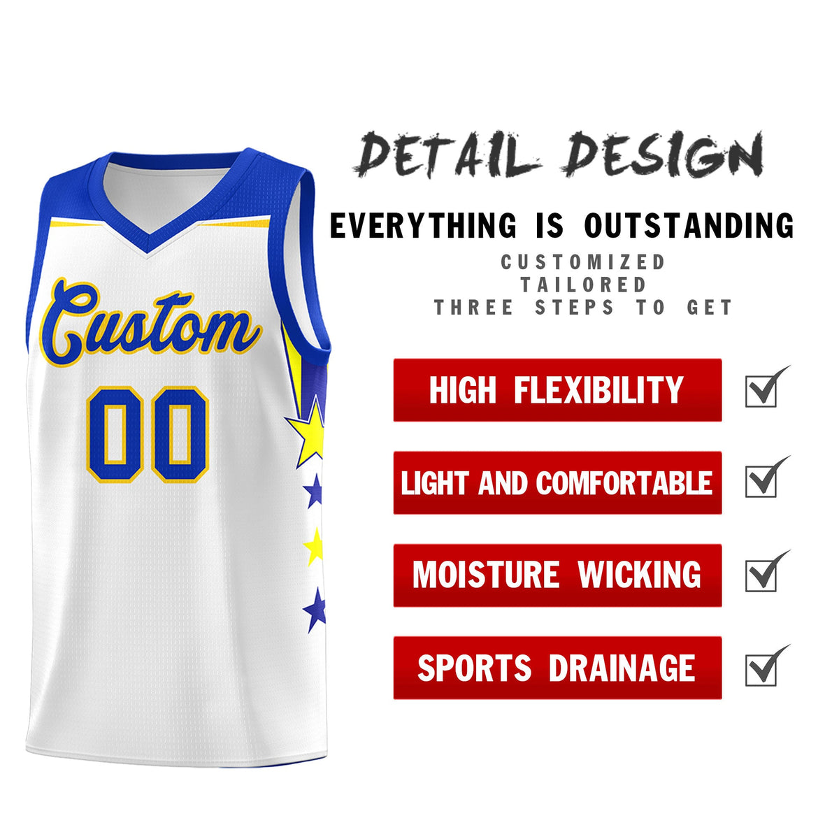 Custom Youth Basketball Uniform White Royal Two Tone Side Star Add Name Number &amp; Logo