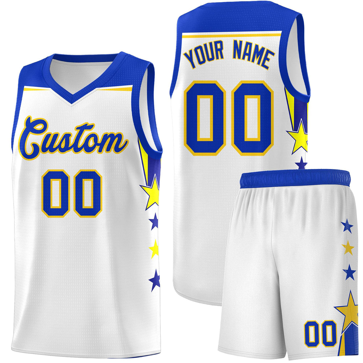 Custom Youth Basketball Uniform White Royal Two Tone Side Star Add Name Number &amp; Logo