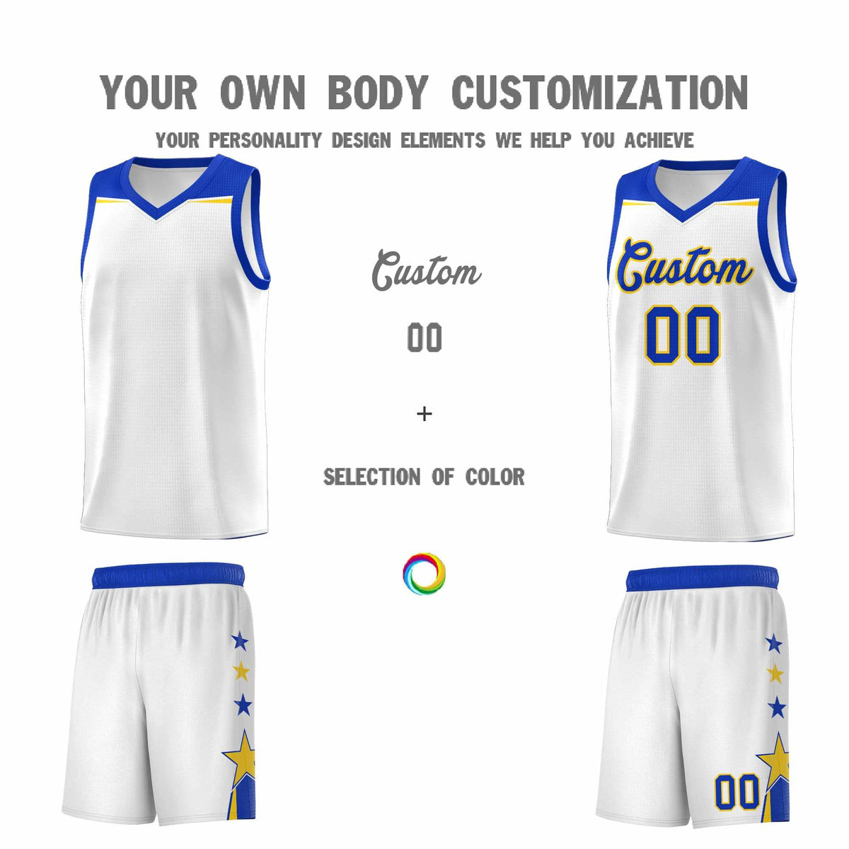 Custom Youth Basketball Uniform White Royal Two Tone Side Star Add Name Number &amp; Logo